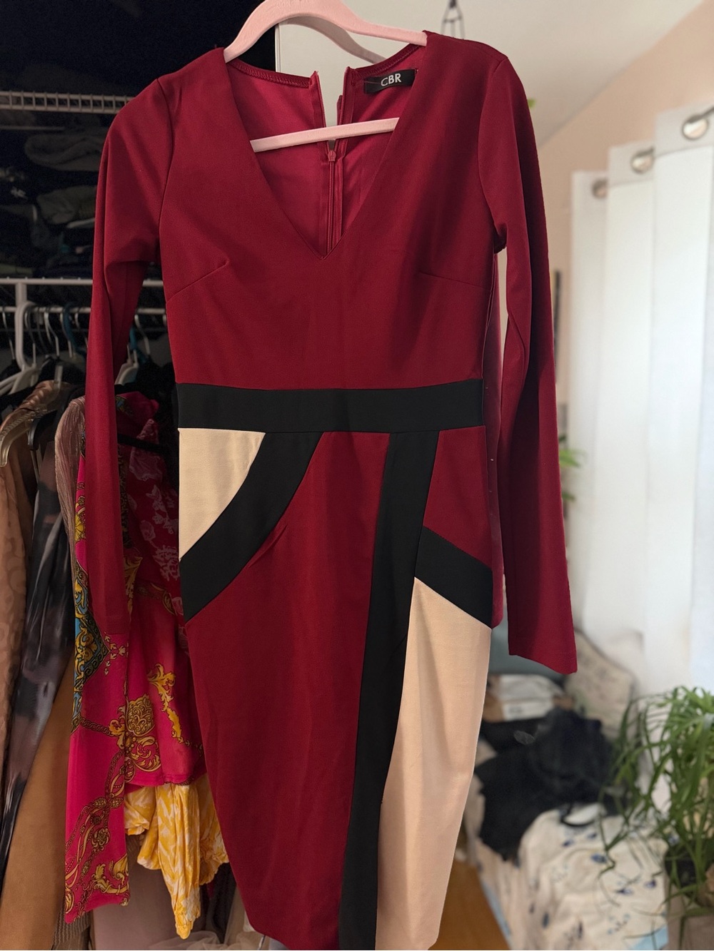 CBR Burgundy and Black Colorblock Long-Sleeve Sheath Dress